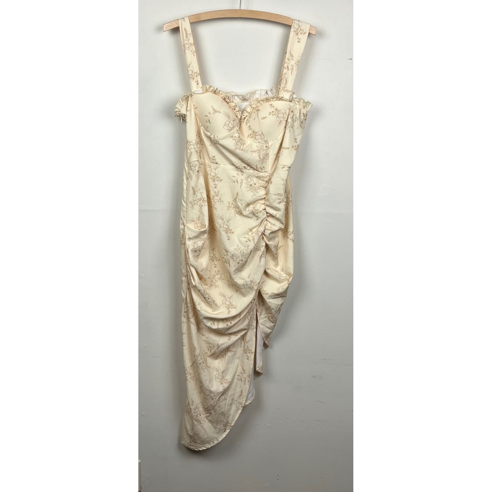 Cider Floral Ruffle Corset Midi Dress Cream Tan Asymmetrical Hem Womens Large
